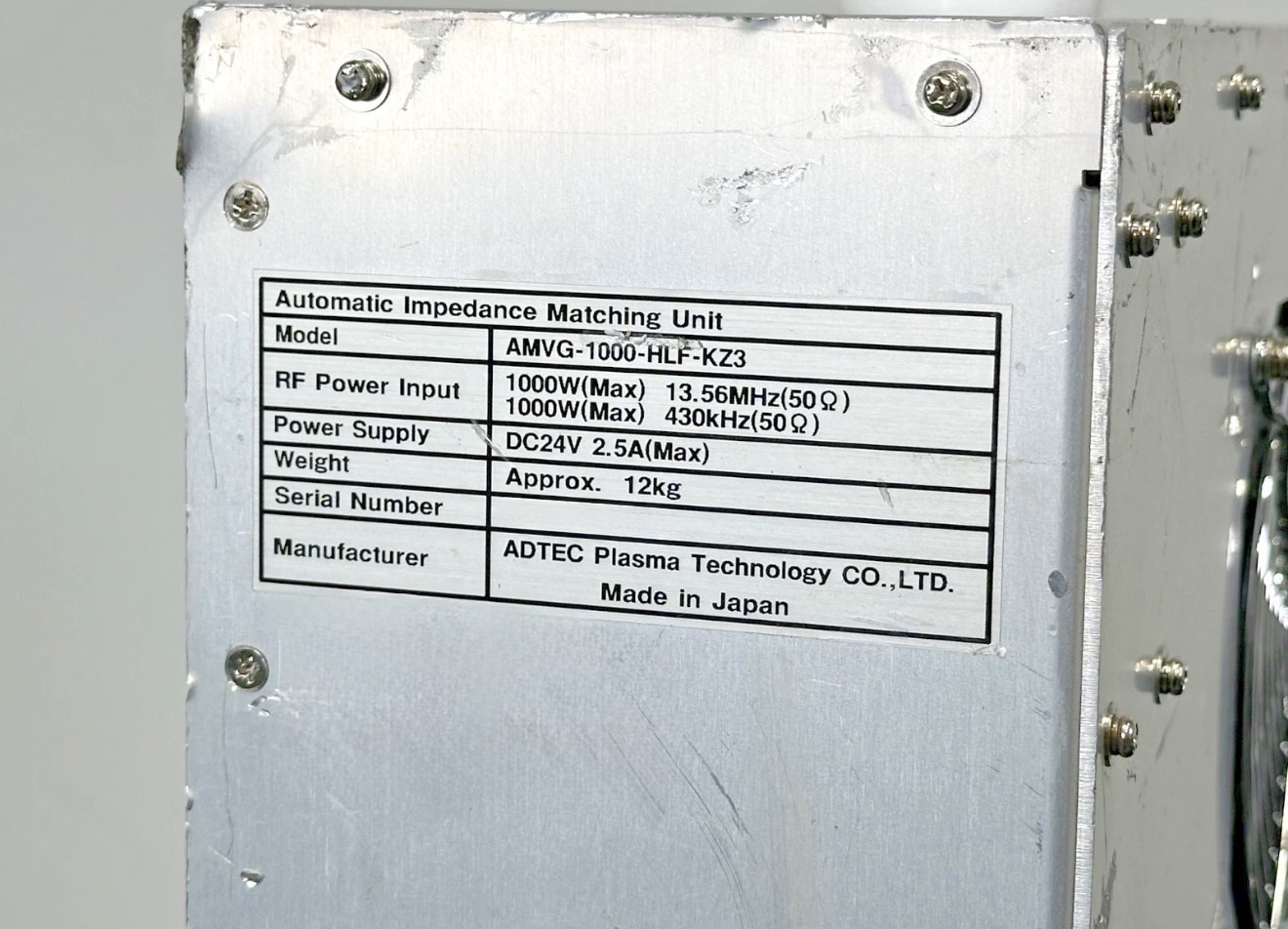 ADTEC PLASMA TECHNOLOGY AMVG-1000-HLF-KZ3